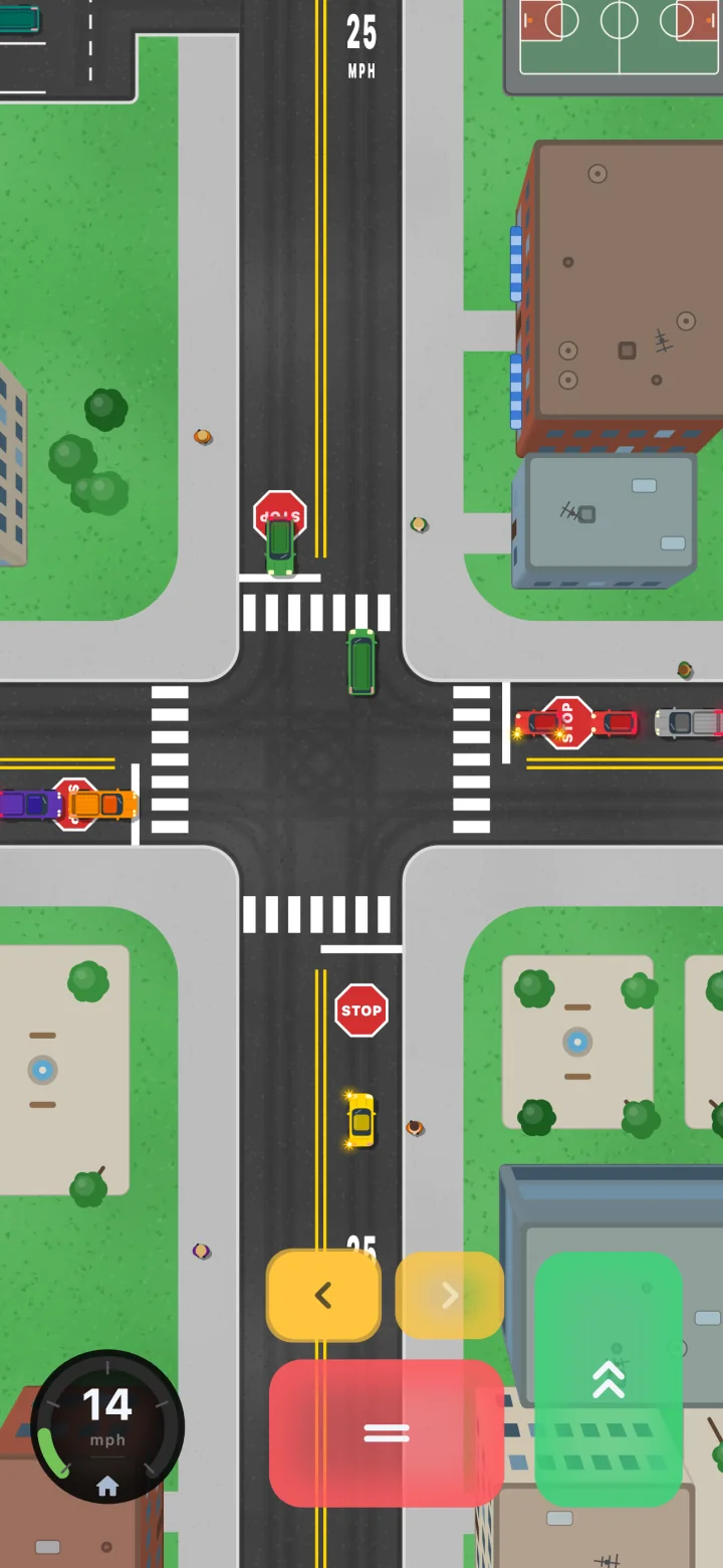 An all-way stop with stop signs on every corner and cars arriving from three directions.