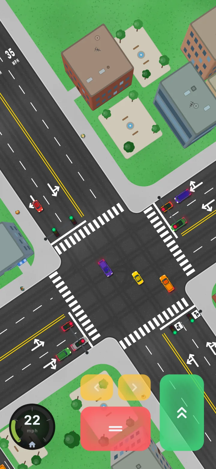 A four-lane city intersection with traffic lights and crosswalks, cars turning across it, the speedometer at 22 mph.