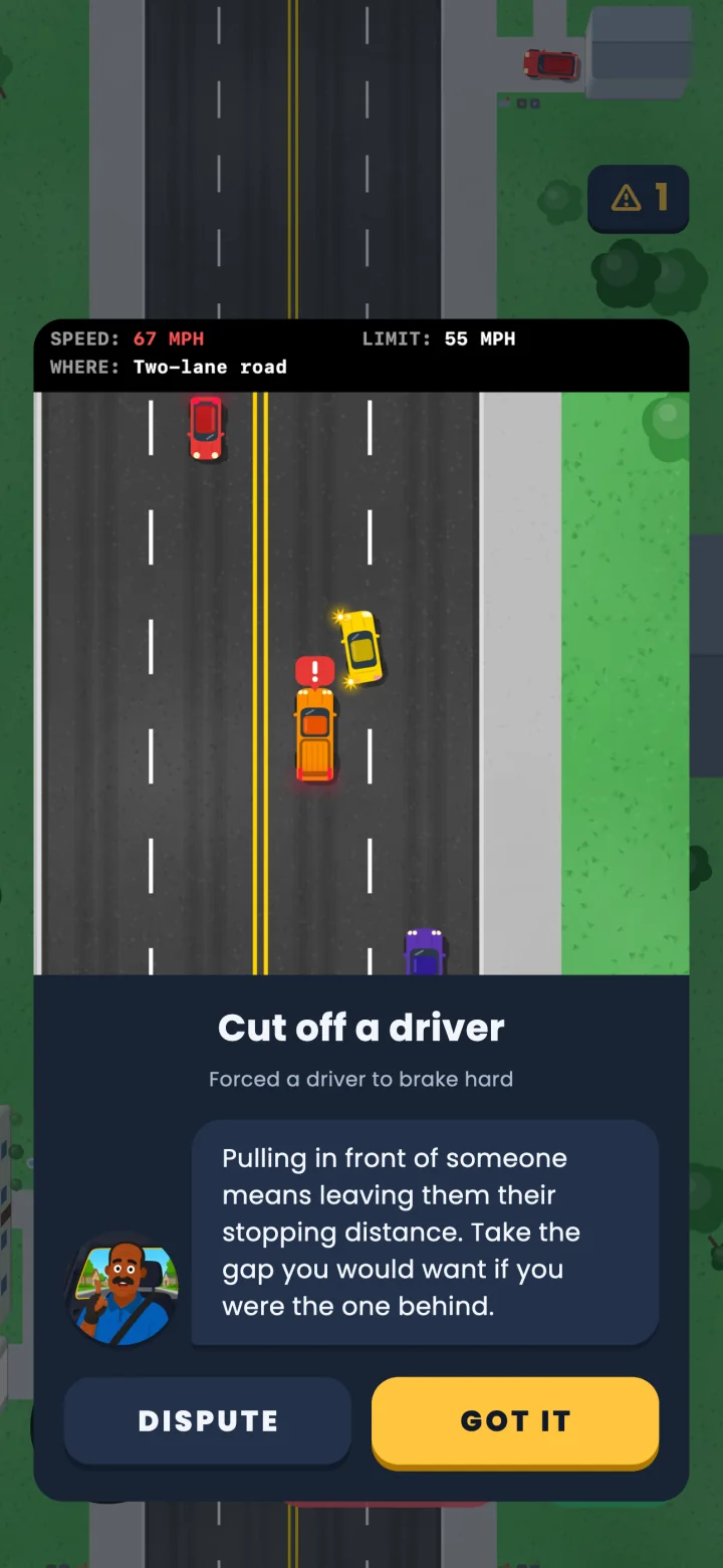 A fault card titled Cut off a driver, with a photo of the moment and Ray explaining to leave the driver behind their stopping distance.