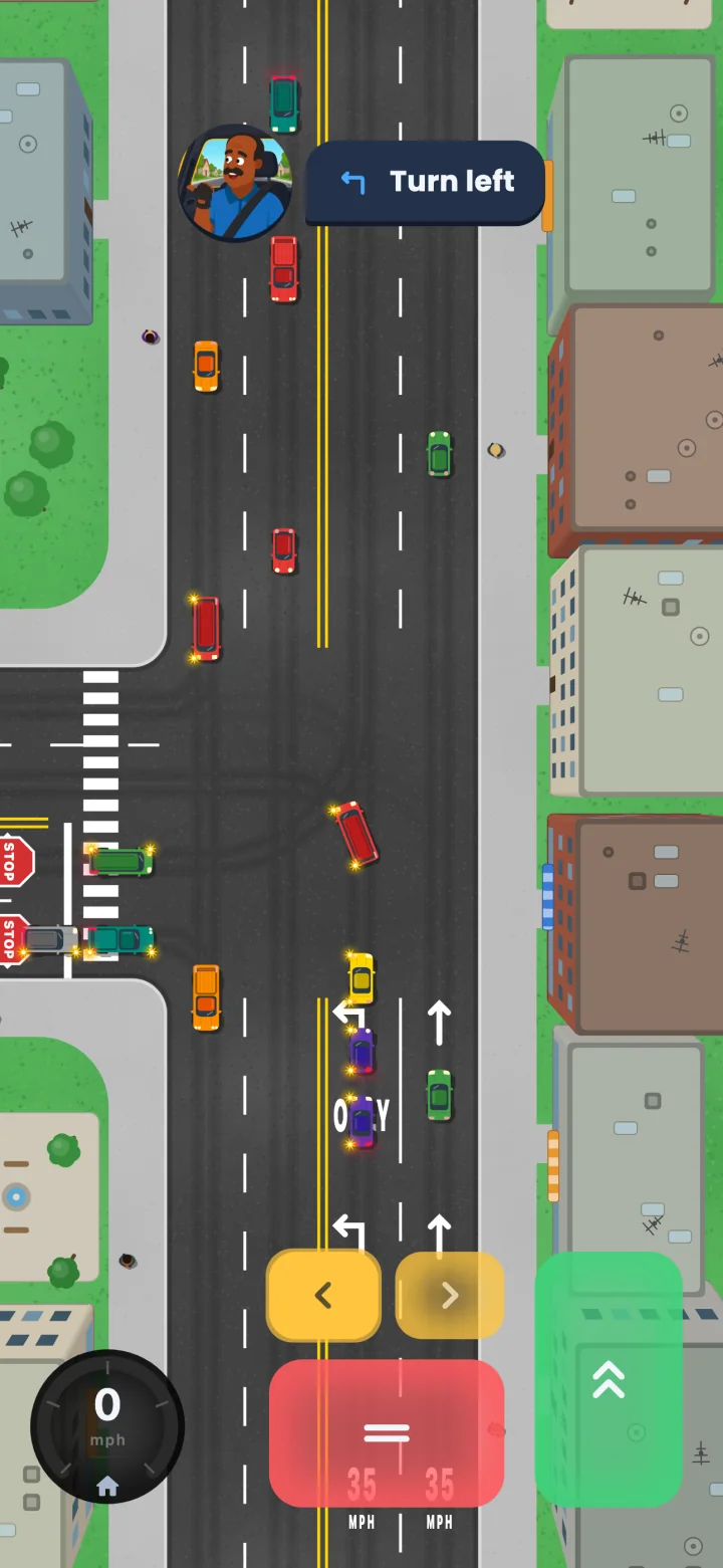 Waiting in the left-turn lane of a busy two-lane road with the blinker on: oncoming traffic in both lanes, cars queued behind, side-street traffic held at its stop signs, and Ray's bubble saying Turn left.