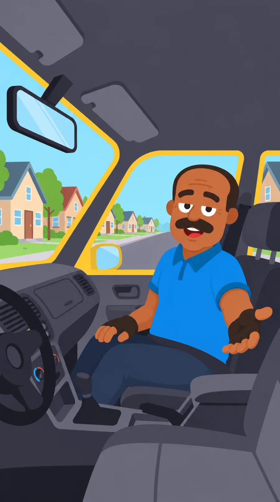 Ray, the instructor, in the passenger seat of a yellow car, turning to explain something with an open hand.