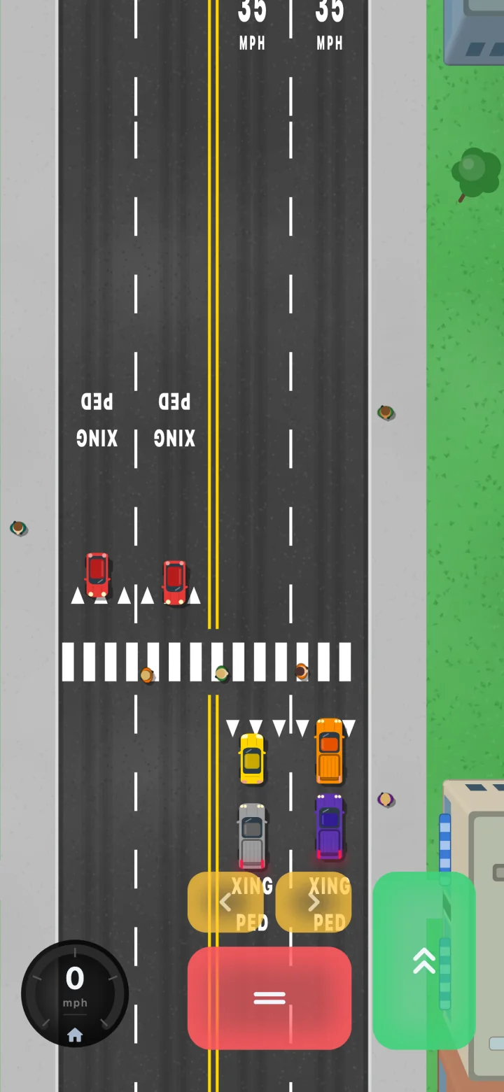 A midblock crosswalk with people crossing on the stripes; the player and the car beside them are stopped short of the crossing, and the oncoming lanes wait on the far side.