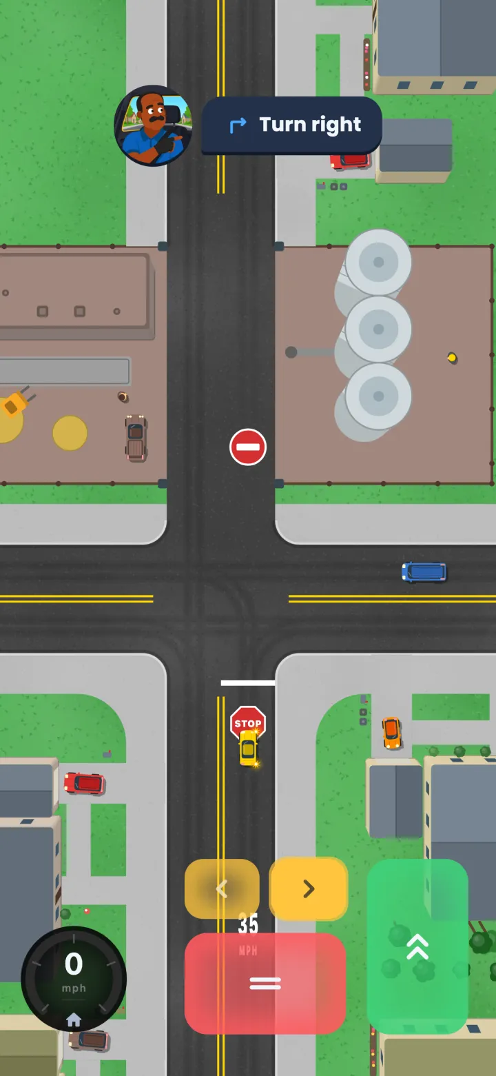 A T-junction in the country: the player stopped at the stop sign with the right blinker on, and straight ahead across the road a gated grain yard with a red do-not-enter sign facing the junction.