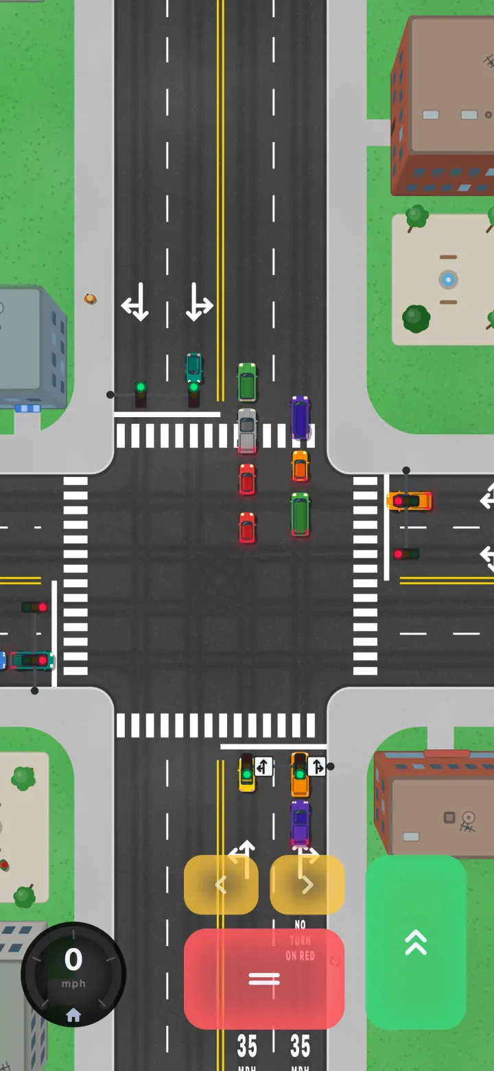 The player stopped at the line on a green light while traffic is queued on the far side of the intersection and the cross street waits at its red.