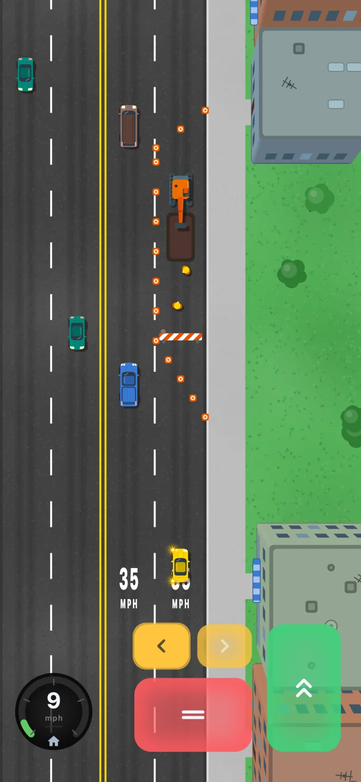 A work zone with cones and an excavator closing the curb lane; the player, blinker on, slows behind it while a car passes in the open lane.