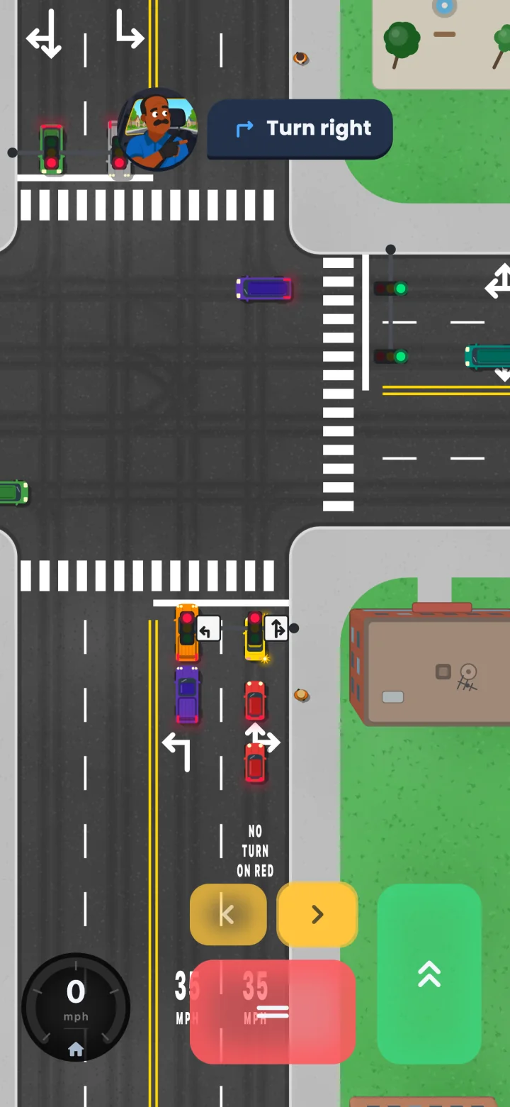 The player stopped at a red light in the right lane with the right blinker on; the lane is painted NO TURN ON RED and cross traffic is passing on its green.