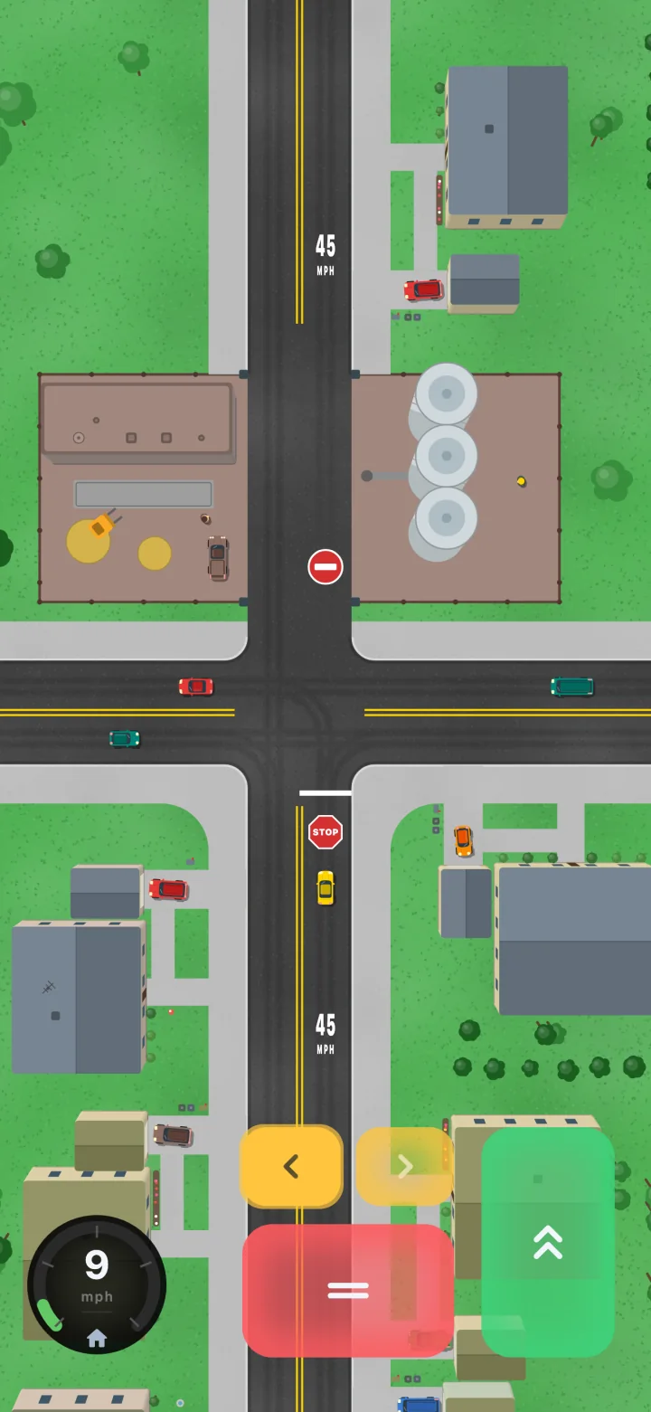 A rural T-junction with 45 MPH painted on the road, a stop sign and a do-not-enter sign.