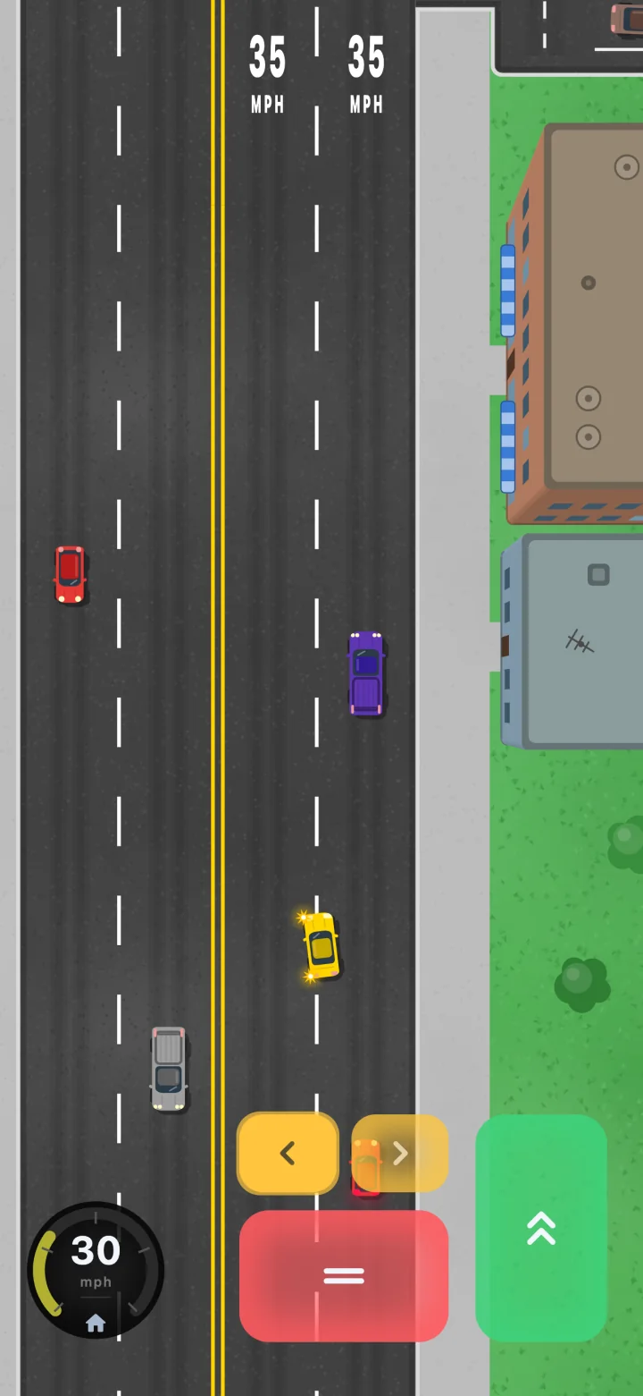 The player on a four-lane street, left blinker on, easing into the next lane with a long gap behind.