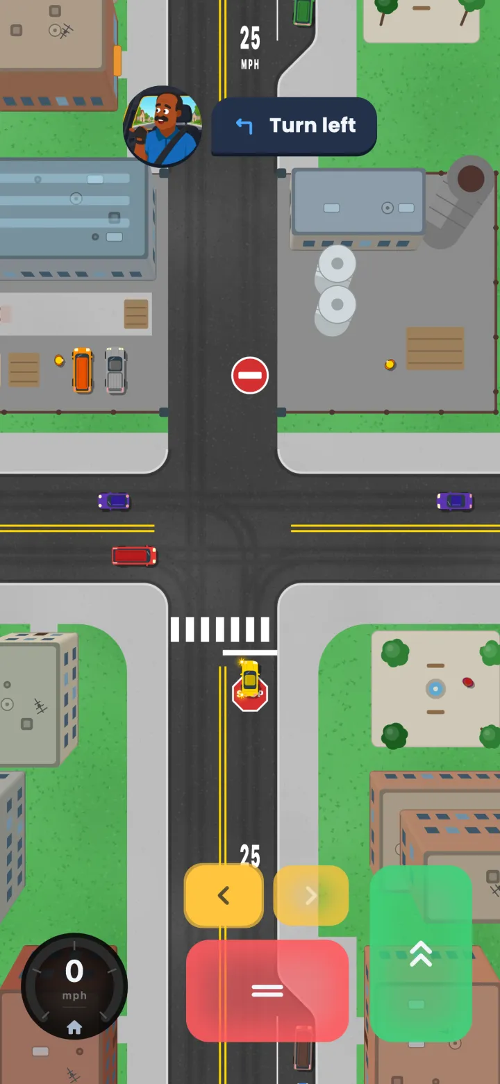 A T-junction in town: the player stopped at the stop sign with the left blinker on, cars passing both ways on the through road, which has no sign.