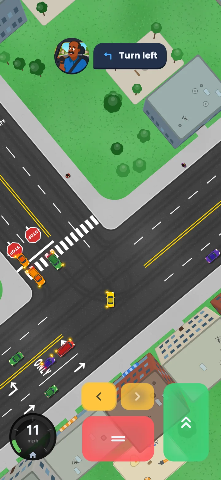 The player mid-turn across a two-lane road into the near lane of the side street, blinker on, with cars still queued in the left-turn lane and oncoming traffic far back.
