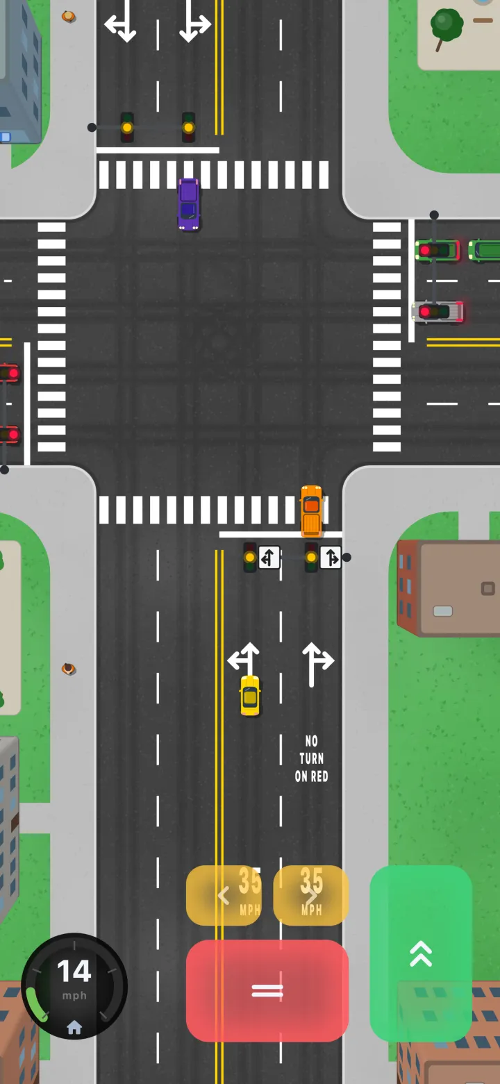 A city intersection with the light just turned yellow: a car already at the crosswalk carries on through, while the player brakes well short of the stop line.