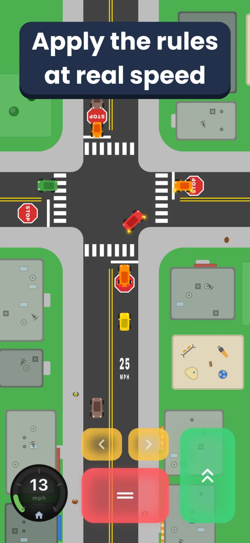 An all-way stop with cars arriving on three approaches. Caption: Apply the rules at real speed.