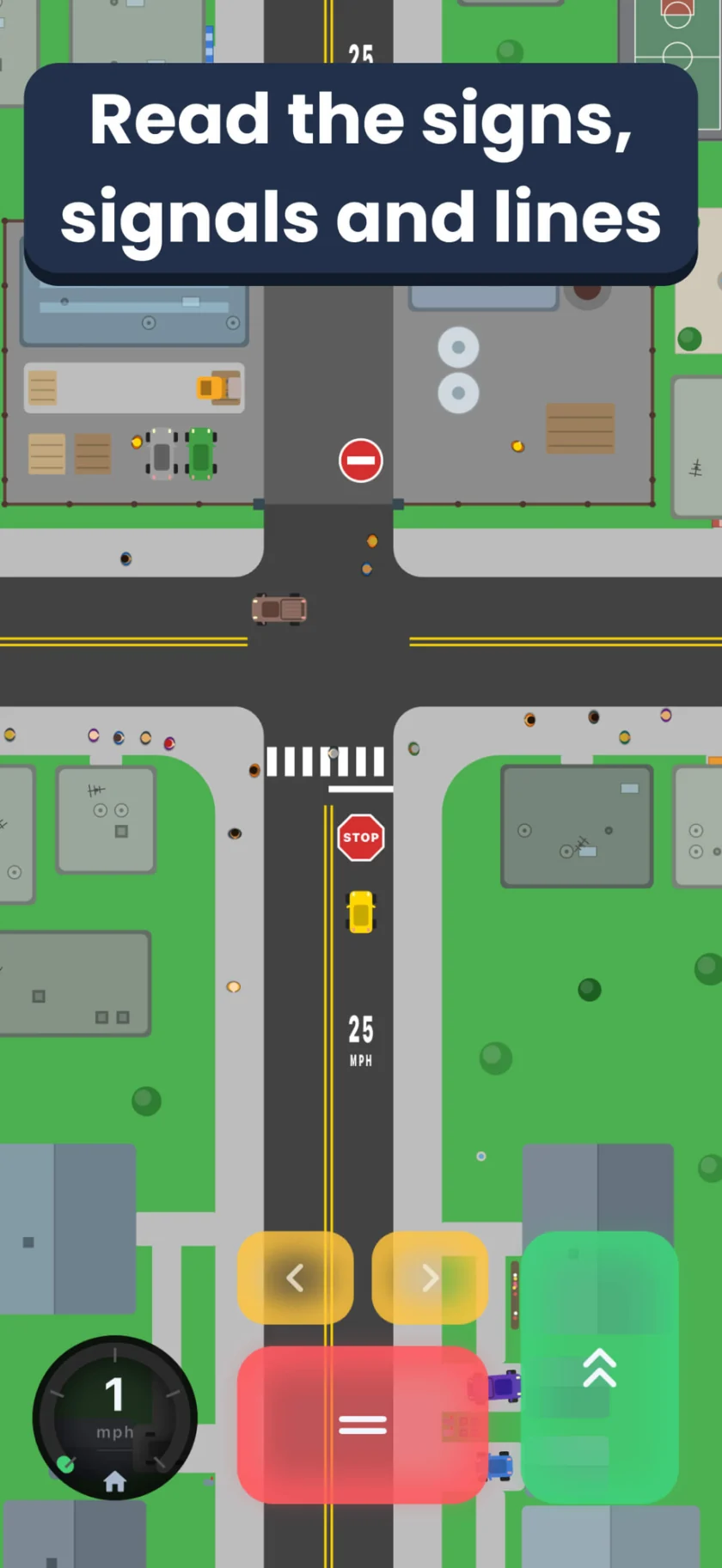 A junction with a stop sign, a do-not-enter sign, lane markings and a speed limit. Caption: Read the signs, signals and lines.