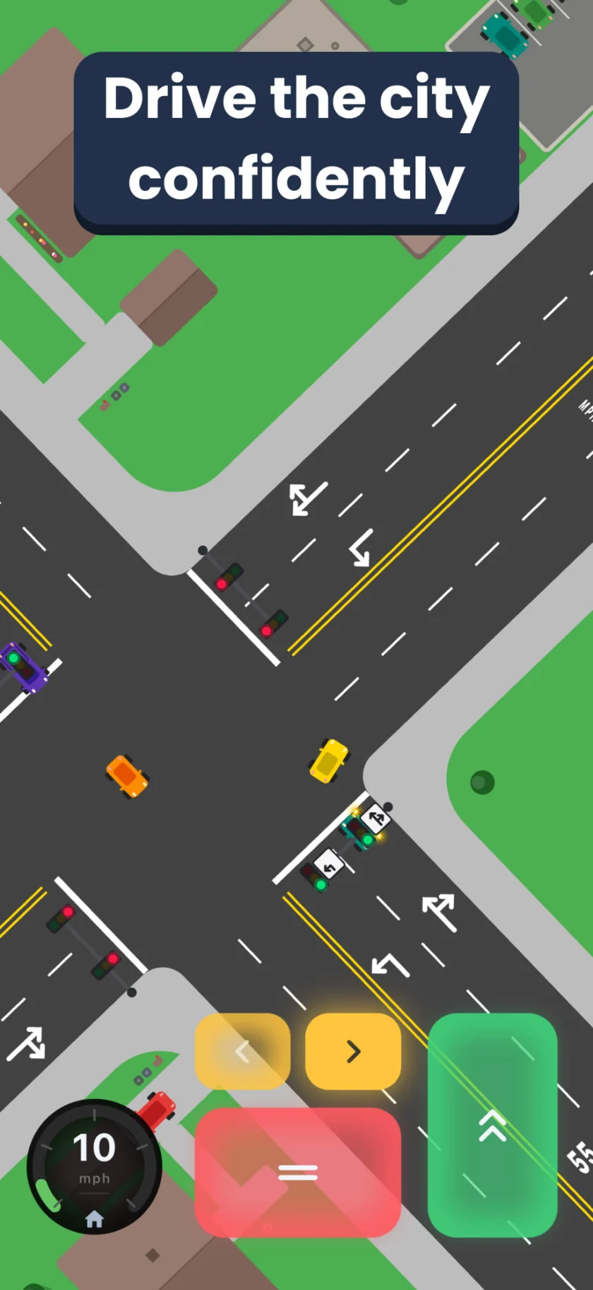 A busy diagonal signalized junction with turn arrows and heavy traffic. Caption: Drive the city confidently.